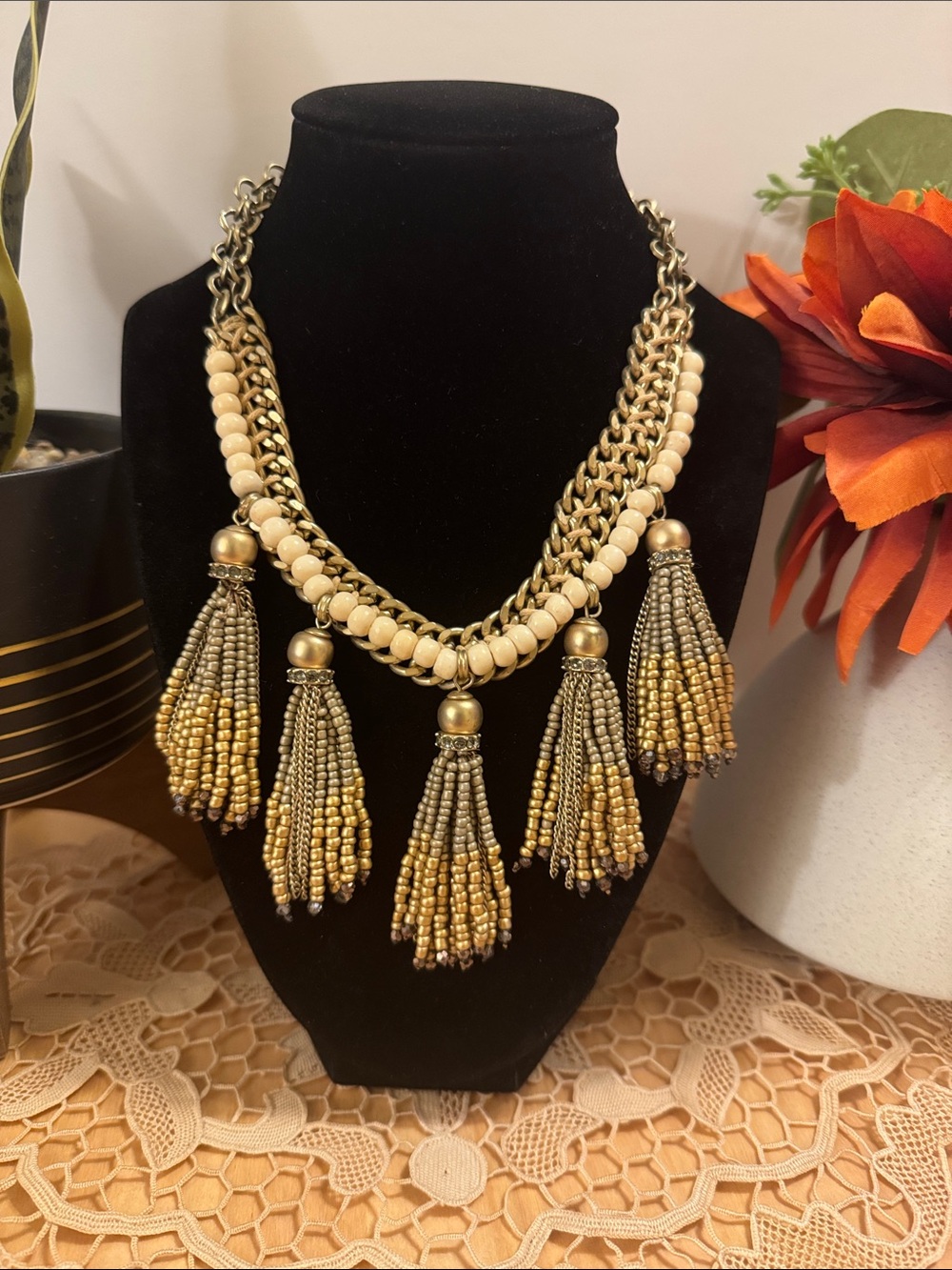 Chicos gold tone Yuna beaded tassel bib statement necklace